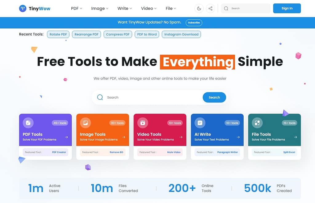 Digital illustration featuring tools for PDF editing, image editing, video trimming, and AI writing, displayed on a laptop screen surrounded by vibrant, colorful icons representing creativity and productivity.