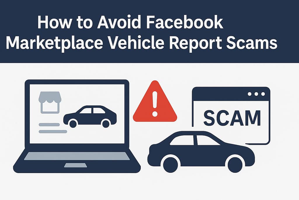 Illustration warning about Facebook Marketplace vehicle report scams. Shows a car, Facebook Marketplace logo, and a fake website labeled “SCAM.”