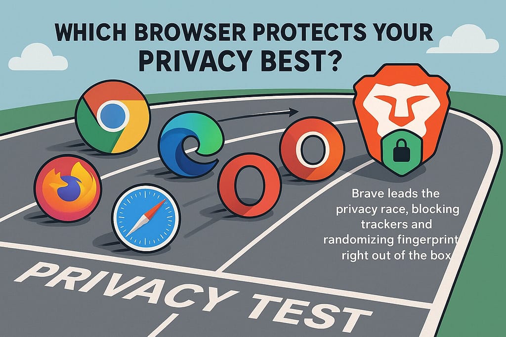 Illustrated cartoon of popular web browsers racing on a track labeled “Privacy Test,” with Brave leading and Chrome trailing behind.