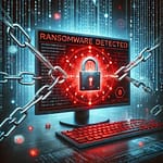 Depicts a PC that is infected with ransomware.