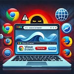 An illustration of a desktop screen displaying a suspicious Wave Browser interface filled with pop-ups and warning icons, with trusted browser logos like Chrome, Firefox, Safari, and Brave in the foreground, surrounded by clean and secure visuals. A subtle spy silhouette in the background hints at privacy concerns.