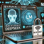 A sleek modern laptop displaying a local AI chat interface labeled 'DeepSeek,' with the LM Studio logo visible on the screen. A padlock icon nearby symbolizes privacy, and the 'No Internet' symbol (Wi-Fi crossed out) emphasizes offline functionality. The background features futuristic neural network graphics and circuitry, reinforcing themes of security and high-tech AI.
