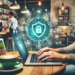 A person sitting in a cozy coffee shop using a laptop, with a glowing green shield icon above the laptop symbolizing a secure VPN connection. The background features a barista, a coffee machine, and coffee cups, creating a relaxed, modern atmosphere.