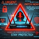 Urgent Netgear Security Alert - Patch Now! Graphic showing a warning triangle, a router icon, and cybersecurity symbols to emphasize the importance of updating Netgear routers to prevent hacking.
