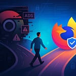 Person at a digital crossroads choosing Firefox over Chrome, symbolizing online privacy and security.