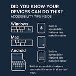 Infographic titled “Did You Know Your Devices Can Do This? Accessibility Tips Inside!” with sections for Windows, Mac, and Android, encouraging users to explore built-in accessibility features that can simplify device use.