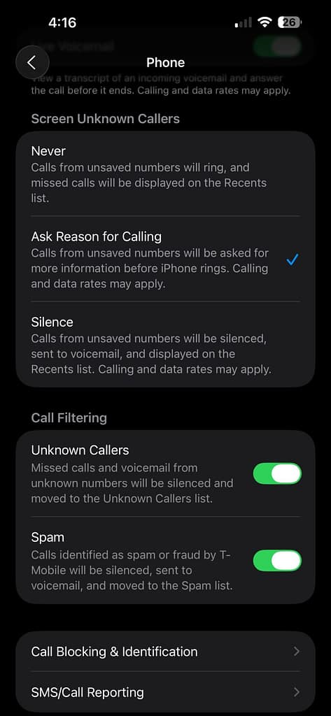 A screenshot of the new IOS 26 call screening and anti spam settings
