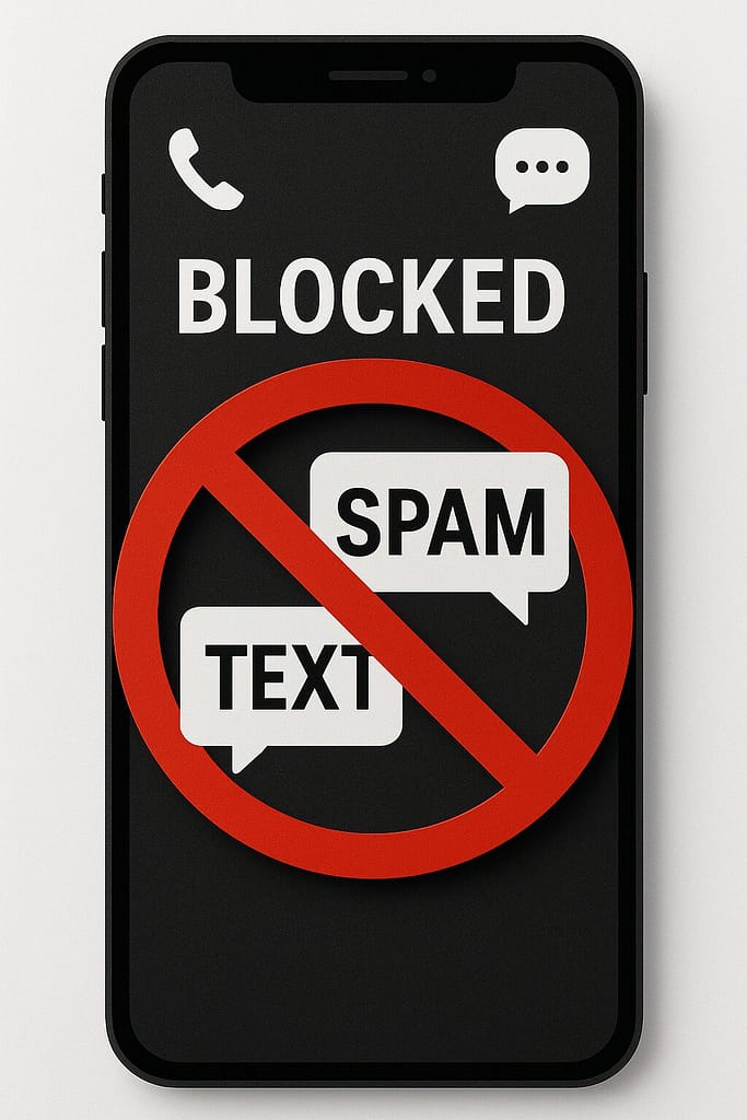 Smartphone screen showing both a spam call and a spam text being blocked with a red prohibition circle overlay.